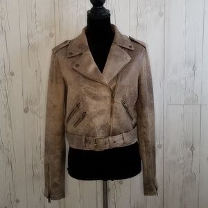 Blanc Noir • Vintage Faux Suede Belted Moto Jacket